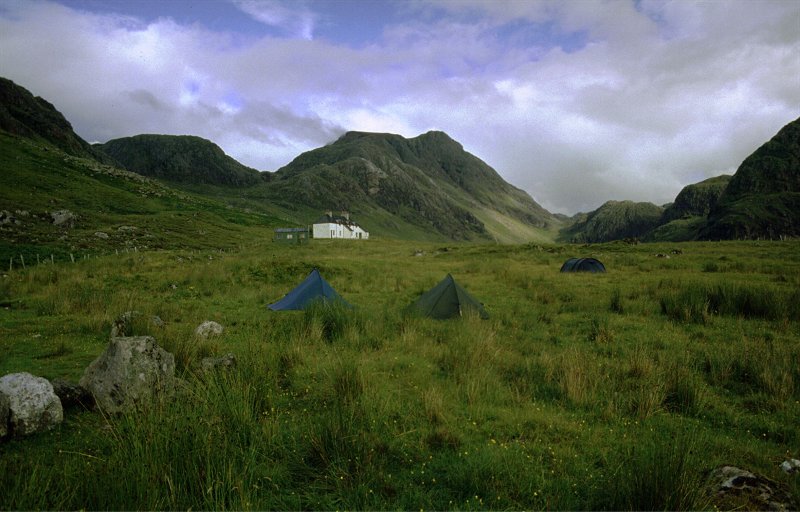 The tents pitched at Carnmore, A'Mhaighdean behind