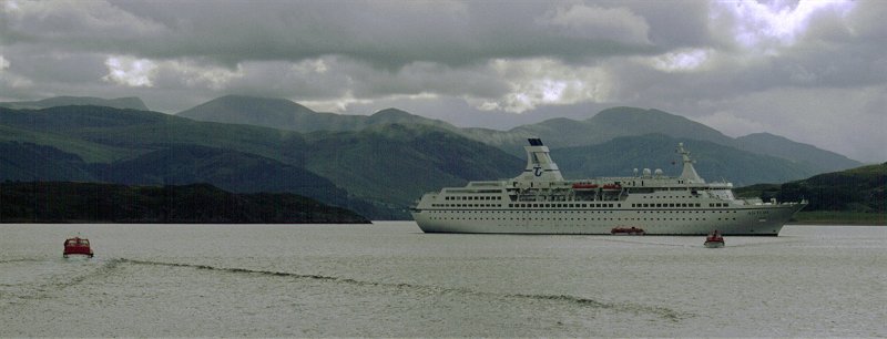 Cruise Ship Moored in Loch Broom whilst Passengers Enjoy Some Shore Leave