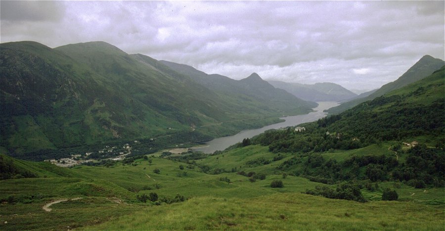 Looking back down Loch Leven, Mamore Lodge on the right