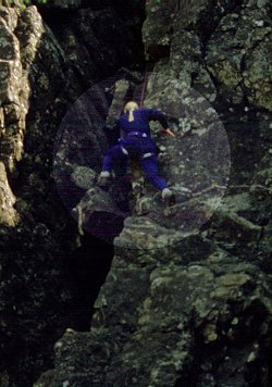 Susan climbing the gully to the ridge